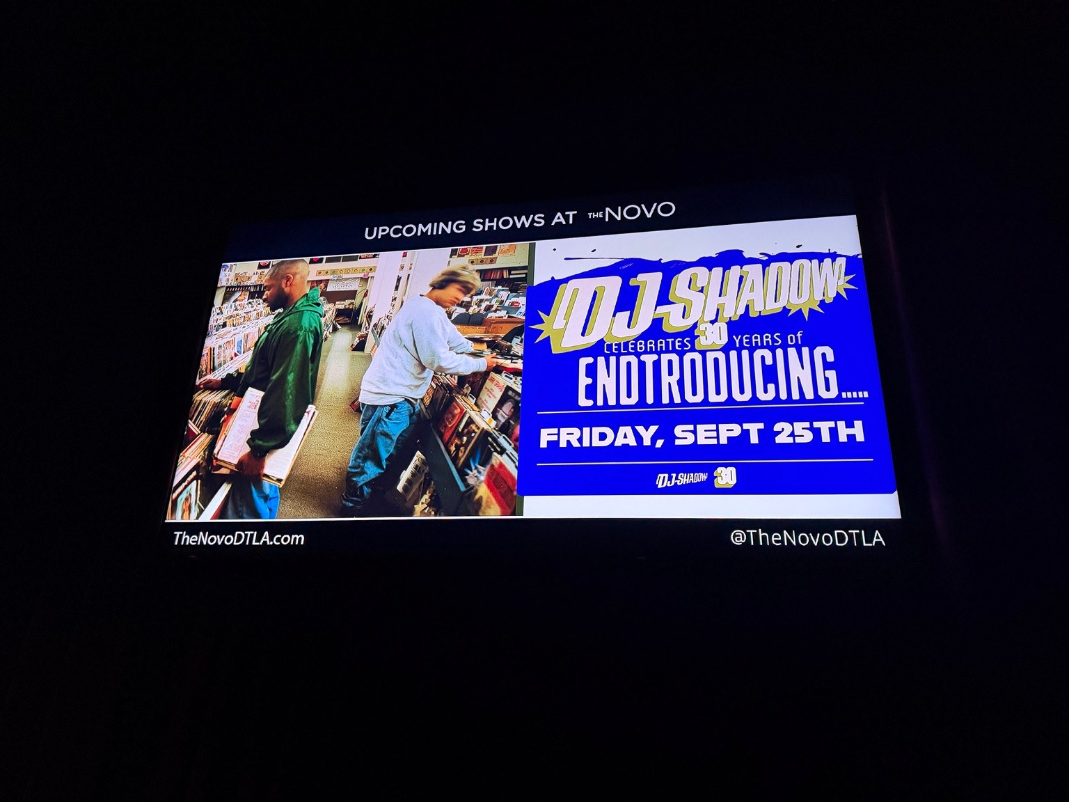 DJ SHADOW、30 YEARS OF ENDTRODUCING、FRIDAY SEPT 25THと表示されたスクリーン