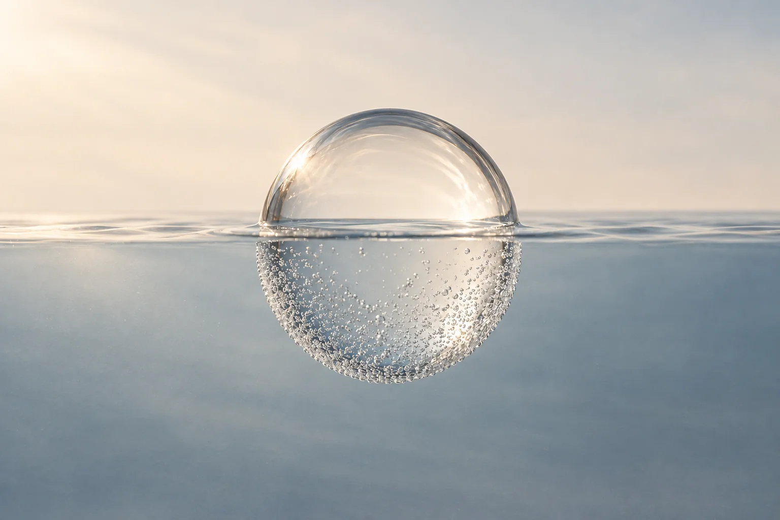 水面を境に、上半分は滑らかに、下半分には細かな泡が付いた透明なガラス球。水が球の外側を囲むイメージ。