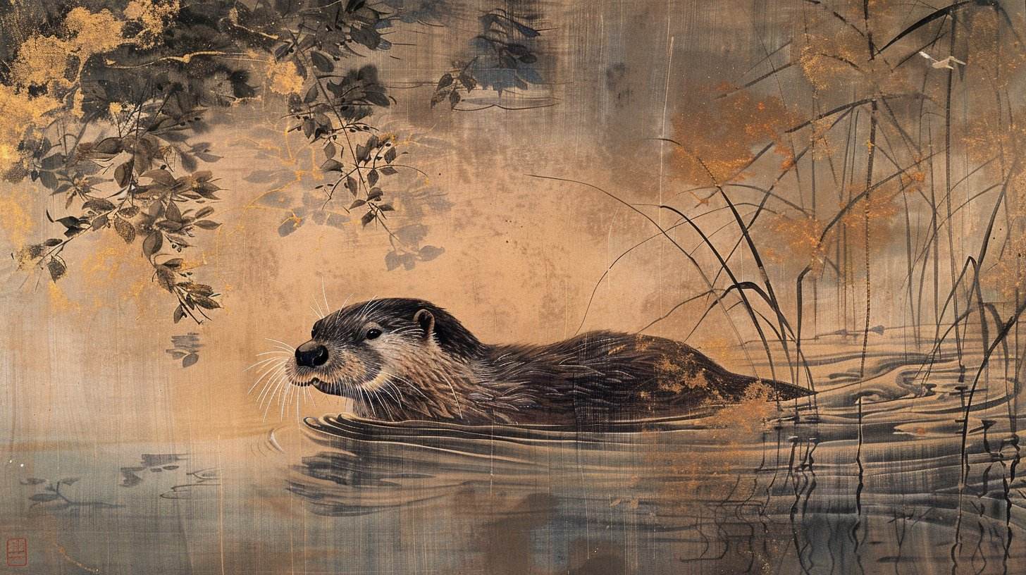 獺（カワウソ）の想像画。夕暮れの川を泳ぎ、こちらを振り返るニホンカワウソ。一見坊の【日本妖怪学体系】