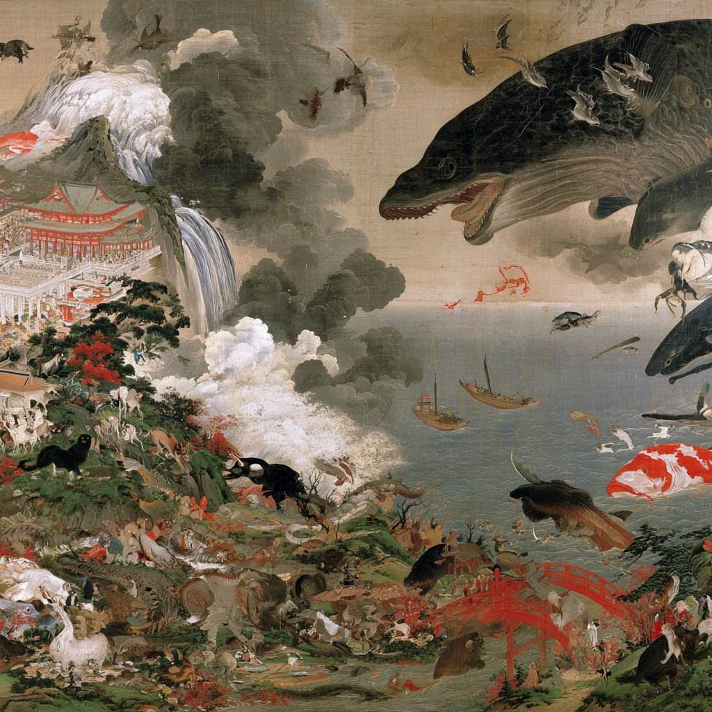 日本の妖怪たちを想わせる想像画。空を飛ぶ鯨と、滝のある山、無数の生き物たち。一見坊の【日本妖怪学体系】