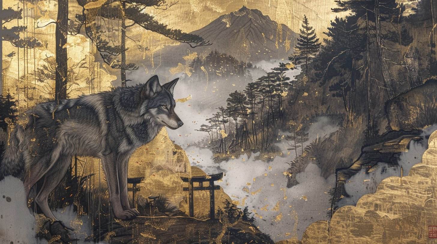 狼にまつわる妖怪の想像画。鳥居と霧の山を背に佇むニホンオオカミ。一見坊の【日本妖怪学体系】