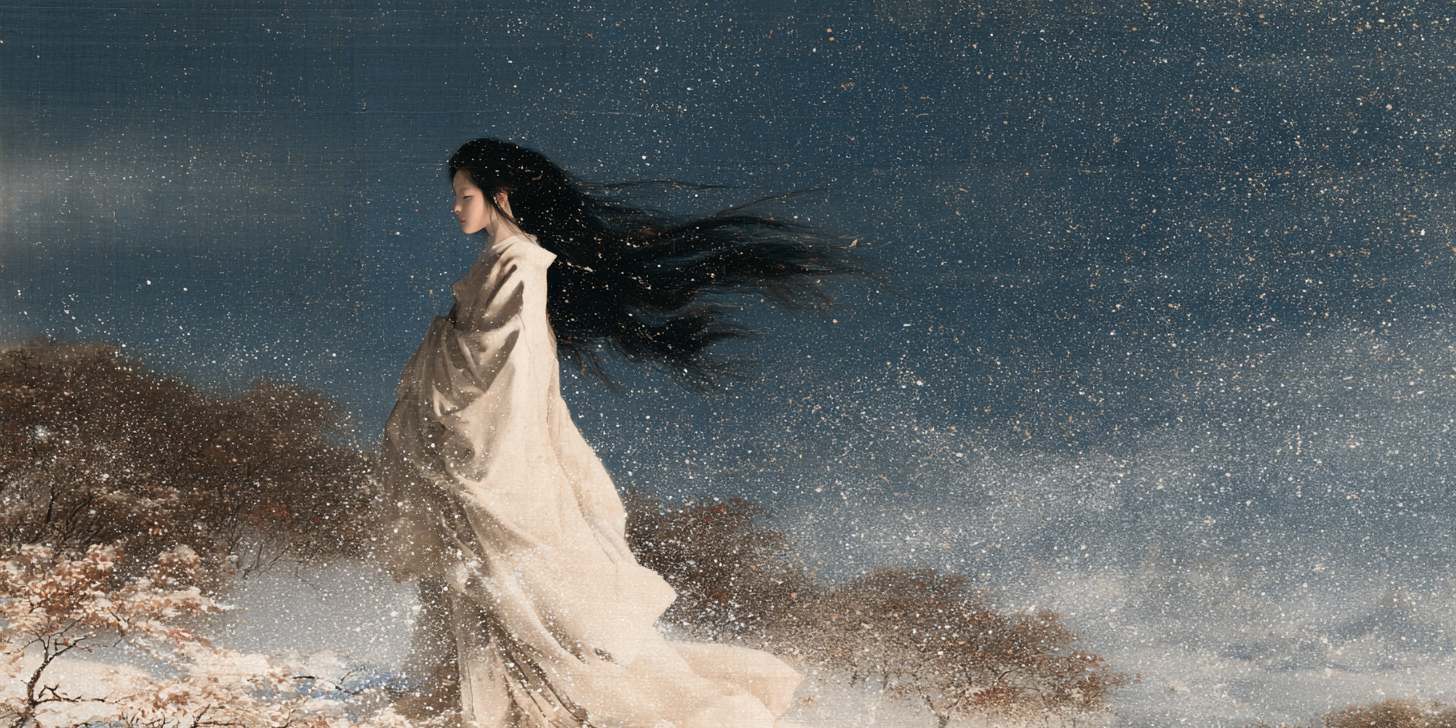 雪女（ゆきおんな）の想像画。雪の降る夜、白い着物の女が雪原に立つ。黒い長髪が風に流れ、足跡は残っていない。一見坊の【日本妖怪学体系】